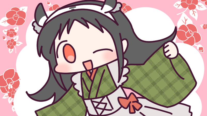 1girl, apron, ascot, bicsim-tan, black_hair, one_eye_closed, white_apron, white_ascot