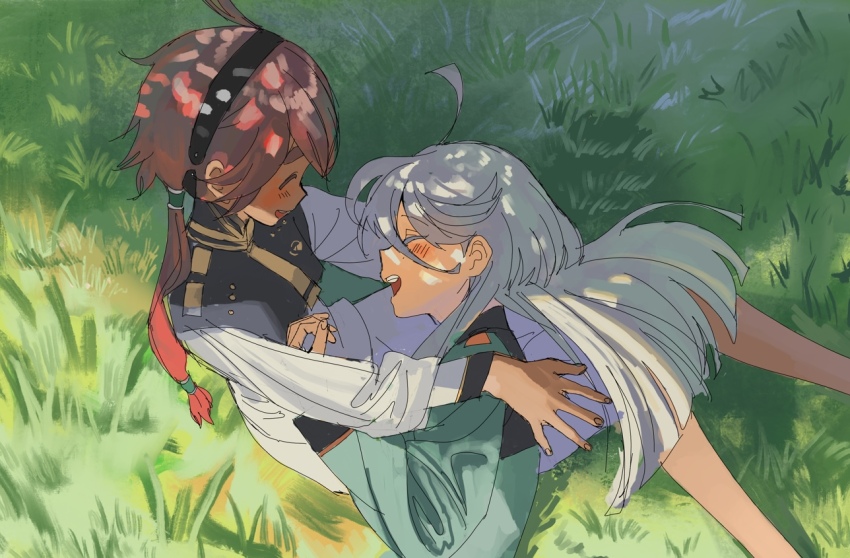 2girls, ahoge, asticassia_school_uniform, black_hair, blush, bub_bub20, closed_eyes, commentary_request