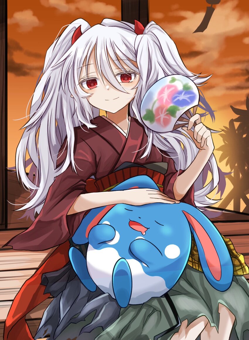 1girl, 1other, azumarill, closed_mouth, crossover, duel_monster, gen_2_pokemon, ghost_ogre_&amp;_snow_rabbit