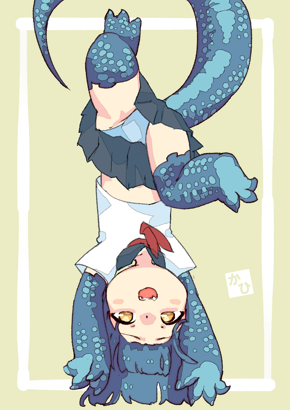 blue_hair, blue_scales, blush, border, claws, commentary_request, fang, flat_chest
