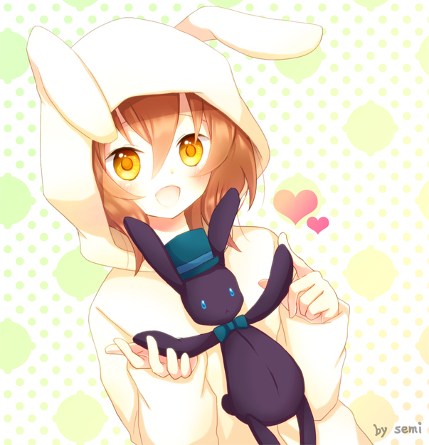 1boy, :d, akane_(goma), animal_ears, bad_id, bad_pixiv_id, brown_hair, rabbit_ears