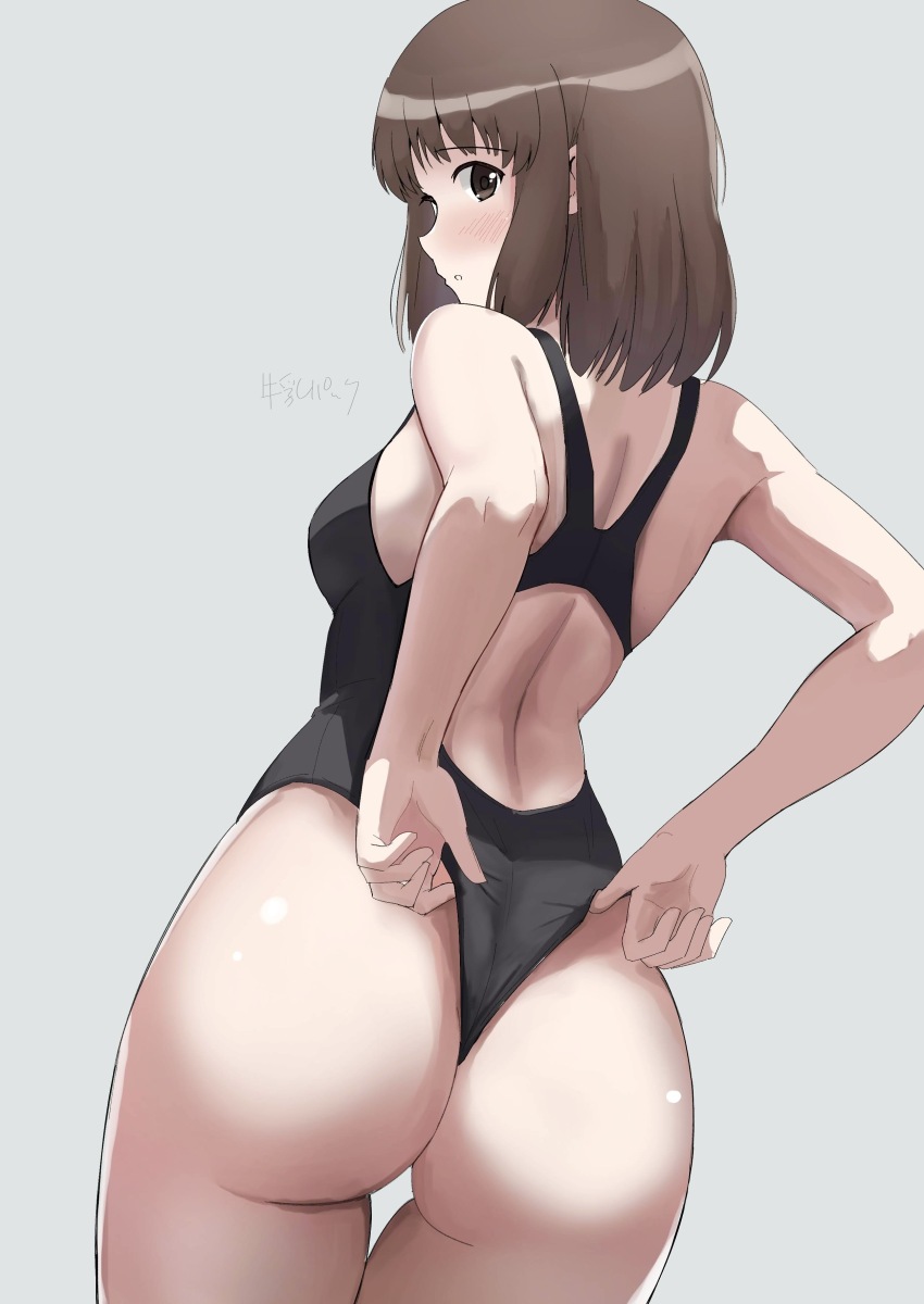 1girl, absurdres, adjusting_clothes, adjusting_swimsuit, amagami, ass, ass_focus, black_one-piece_swimsuit, blush, brown_hair, competition_swimsuit, grey_background, gyuunyuu_pack_(tanaka), highleg, highleg_one-piece_swimsuit, highres, looking_at_viewer, looking_back, one-piece_swimsuit, racerback, short_hair, signature, simple_background, solo, spine, swimsuit, tanaka_keiko_(amagami), thigh_gap, wedgie