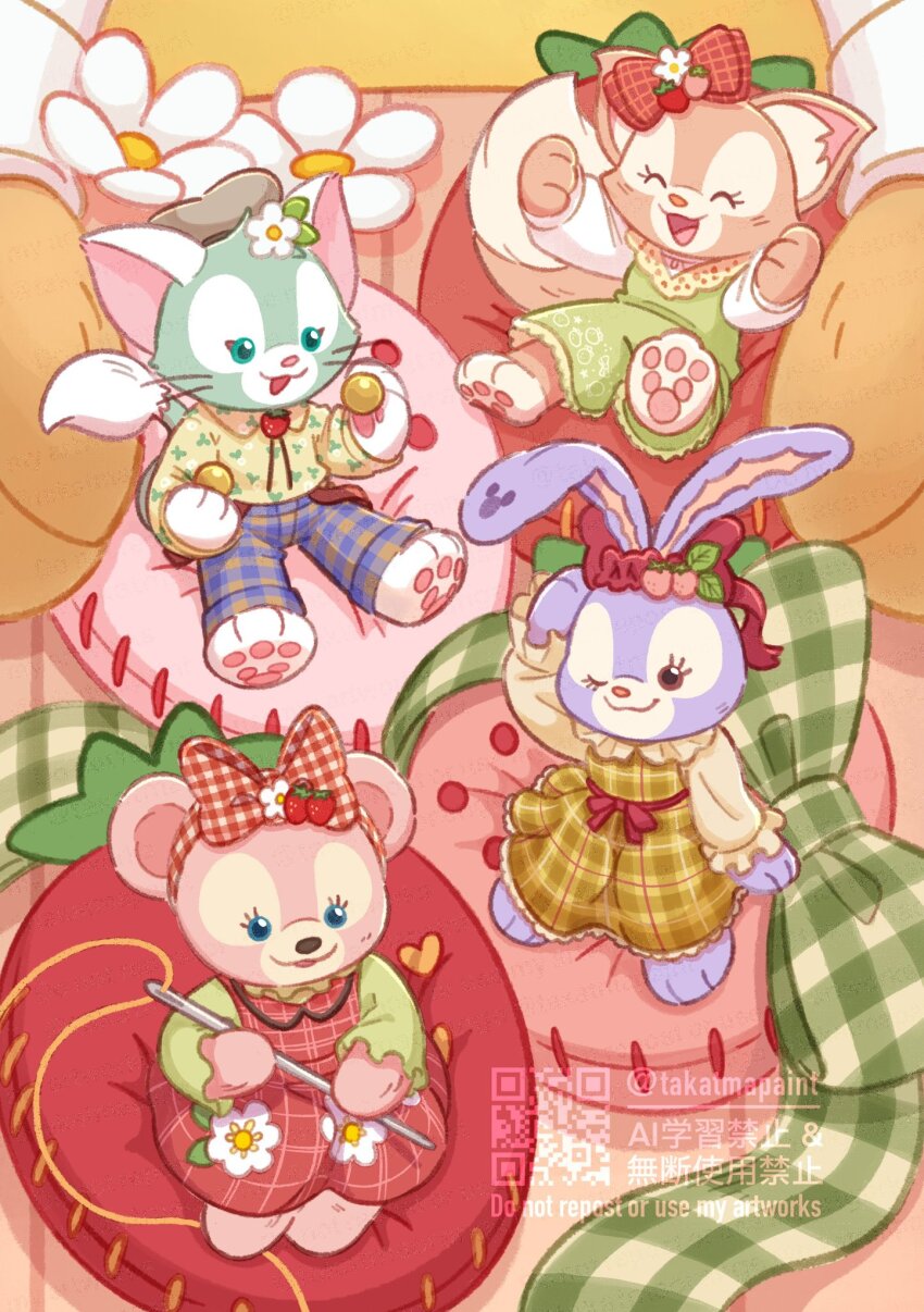 1boy, 3girls, :3, animal_ears, animal_hands, bear_ears, bear_girl, blue_pants