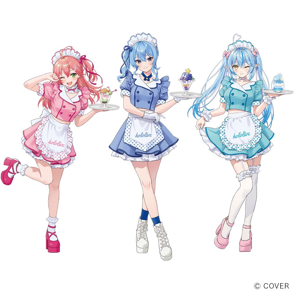 3girls, apron, blue_hair, blue_skirt, blue_socks, closed_mouth, elf, food