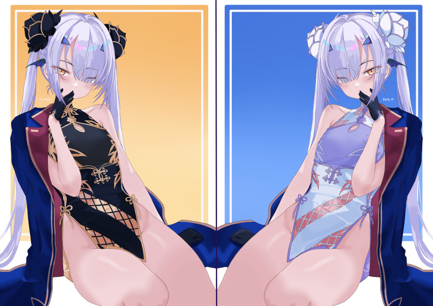 2girls, absurdres, arm_support, artist_name, bare_arms, bare_legs, bare_shoulders, black_cheongsam