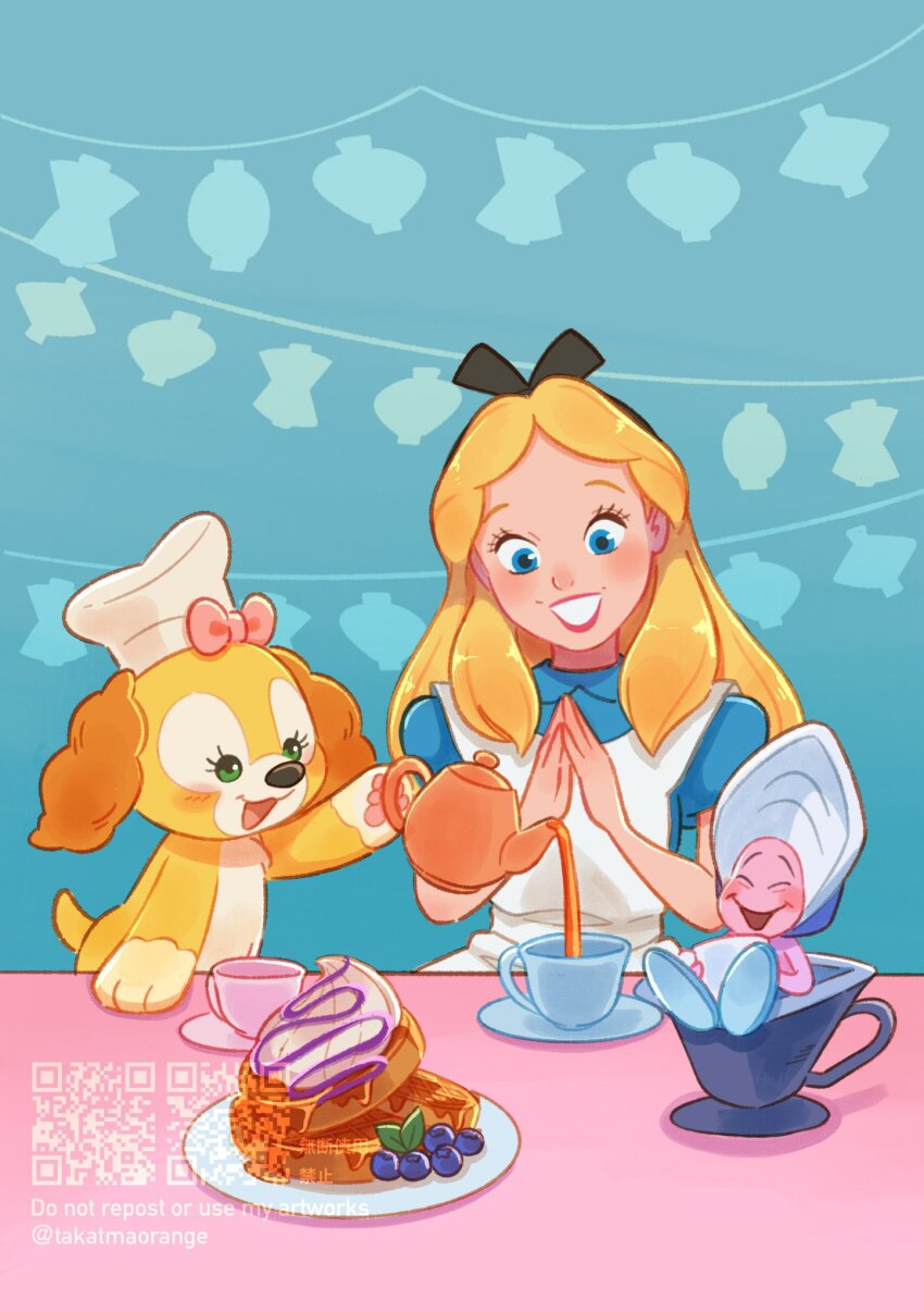 2girls, alice_(disney), alice_in_wonderland_(disney), animal_ears, animification, apron, blonde_hair, blue_dress, bow, character_request, cookieann, dog_ears, dog_girl, dress, duffy_and_friends, hairband, highres, long_hair, looking_at_viewer, multiple_girls, personification, short_sleeves, smile, takatmaorange, white_apron