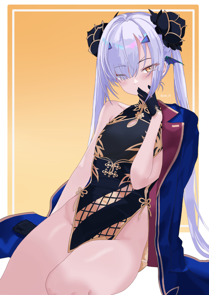 1girl, absurdres, arm_support, artist_name, bare_arms, bare_legs, bare_shoulders, black_cheongsam, black_flower, black_gloves, blue_coat, blush, breasts, brown_background, china_dress, chinese_clothes, closed_mouth, coat, coat_on_shoulders, covered_mouth, covering_own_mouth, dragon_wings, dress, fate/grand_order, fate_(series), flower, forked_eyebrows, full_body, gloves, hair_ornament, hair_over_one_eye, highres, kayu_manis19, long_hair, looking_at_viewer, melusine_(fate), mini_wings, off_shoulder, sidelocks, signature, simple_background, sitting, sleeveless, small_breasts, thighs, white_hair, wings, yellow_eyes