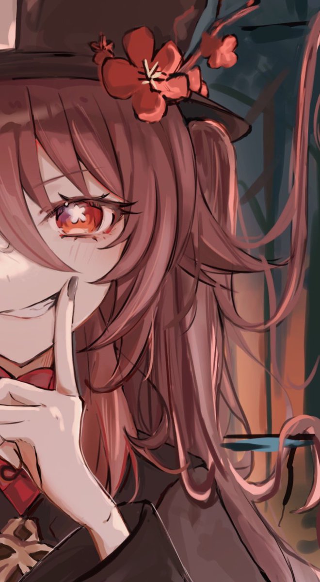 brown_hair, fingersmile, flower, genshin_impact, highres, hisui_(xztw), hu_tao_(genshin_impact), looking_at_viewer