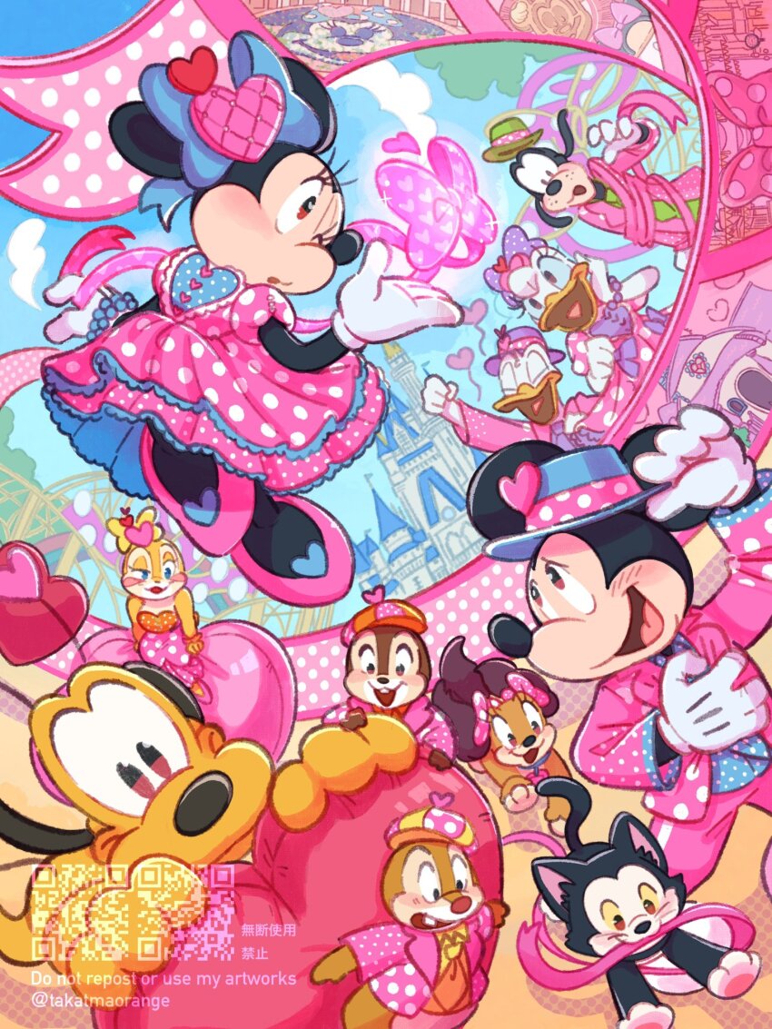 5boys, 5girls, blue_eyes, chip_(disney), chipmunk_ears, chipmunk_girl, clarice_(disney), daisy_duck, dale_(disney), disneyland, donald_duck, dress, duck_boy, duck_girl, eyelashes, fifi_(disney), figaro_(disney), flower, furry, furry_female, furry_male, furry_with_furry, goofy, hair_flower, hair_ornament, highres, long_eyelashes, looking_at_viewer, mickey_mouse, mickey_mouse_&amp;_friends, minnie_mouse, mouse_boy, multiple_boys, multiple_girls, open_mouth, pluto_(disney), smile, takatmaorange