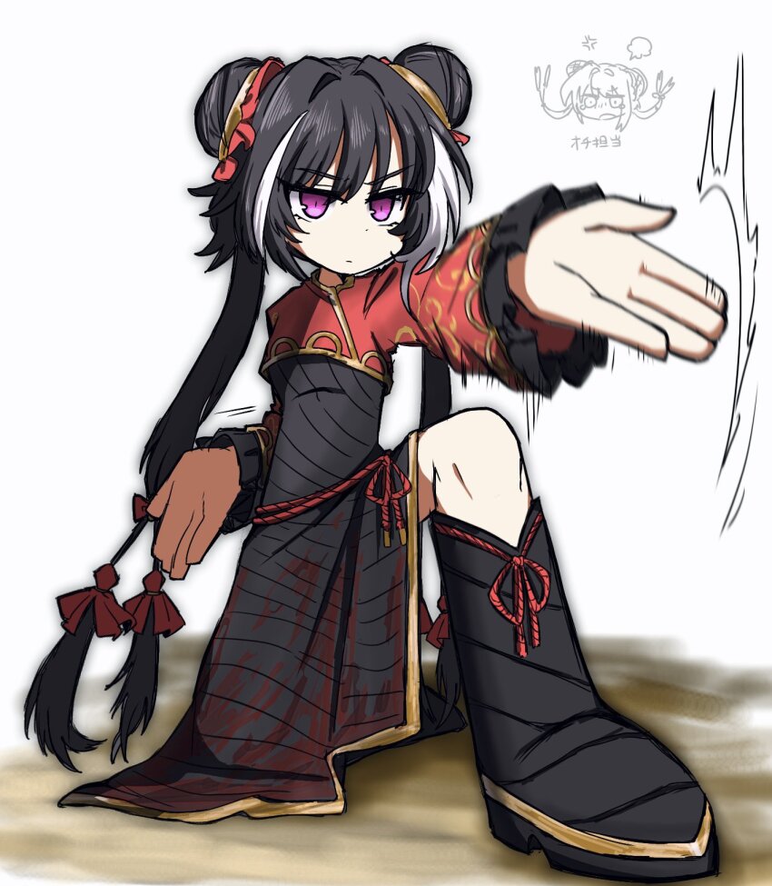 1girl, black_dress, black_hair, blood, blood_on_clothes, chinese_clothes, double_bun, dress
