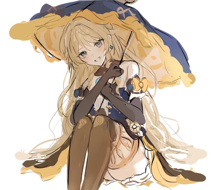 blonde_hair, blue_eyes, bow, earrings, genshin_impact, highres, hisui_(xztw), holding