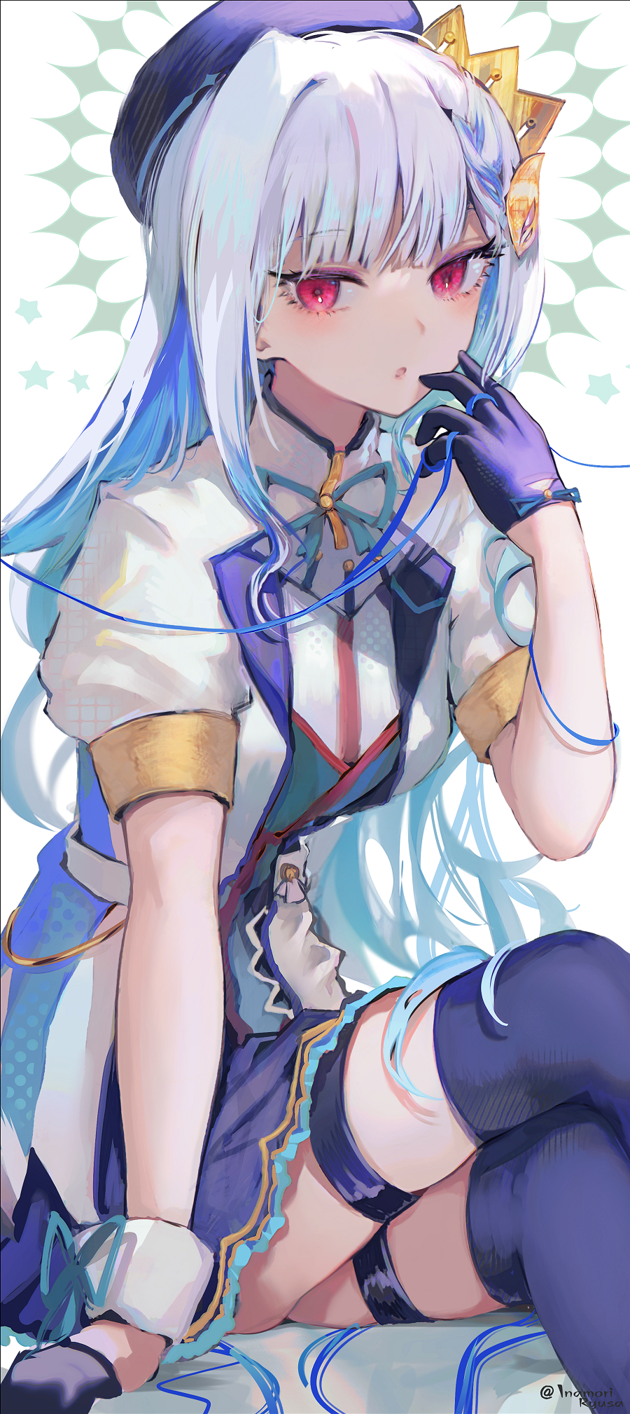 1girl, :o, arm_support, beret, blue_gloves, blue_hair, blue_hat, blue_ribbon