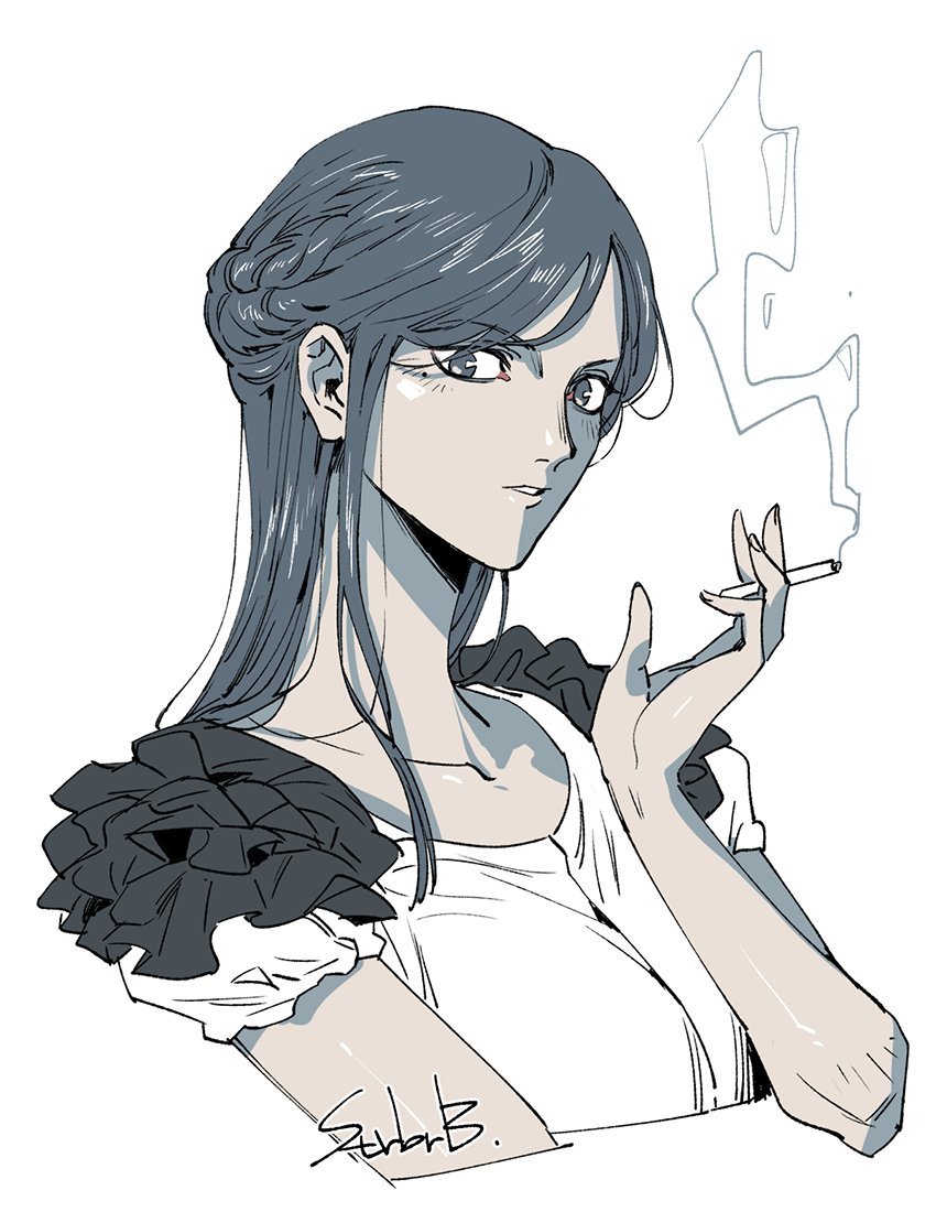 1girl, braid, breasts, cigarette, collarbone, commentary_request, cropped_torso, hand_up