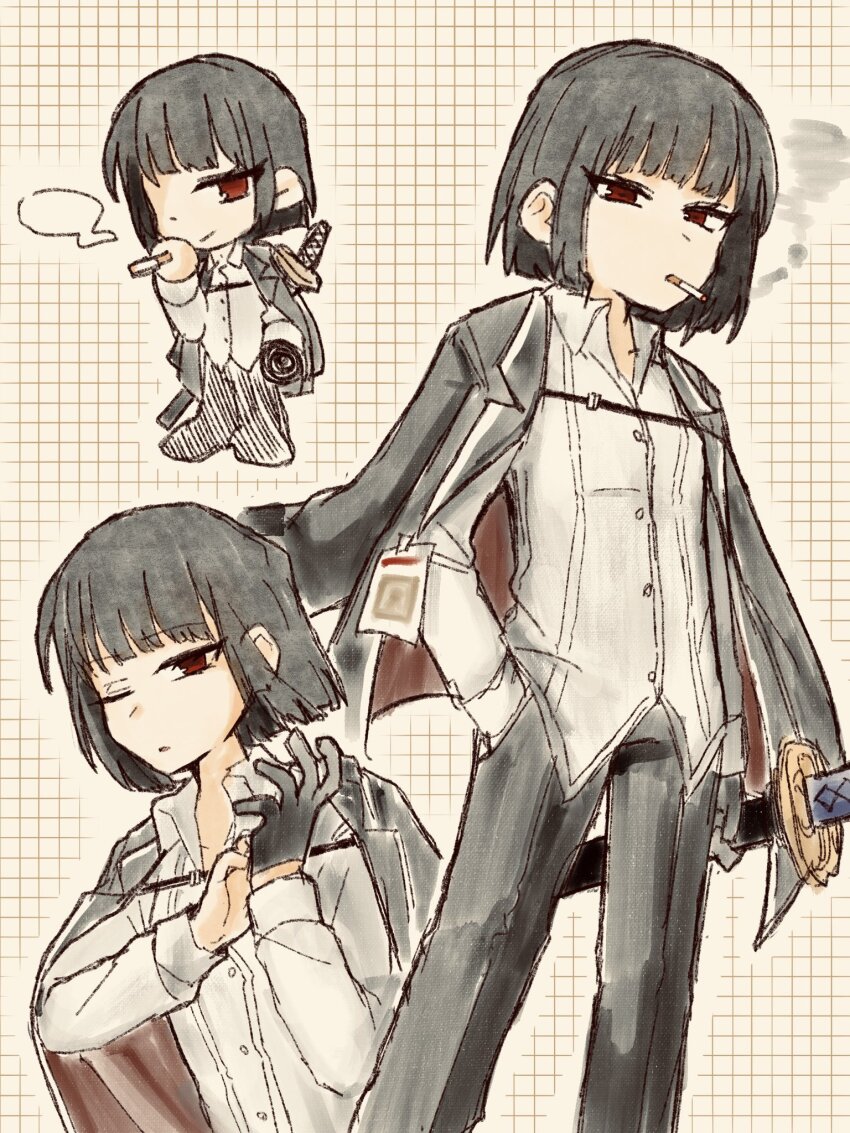 1girl, black_coat, black_gloves, black_hair, black_pants, bob_cut, cigarette, coat