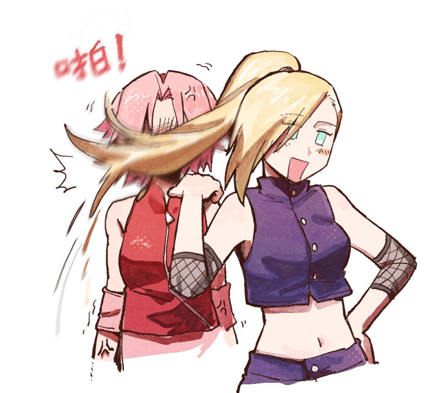 2girls, 79x_(ox79xo), :d, anger_vein, bare_shoulders, blonde_hair, blue_eyes, crop_top
