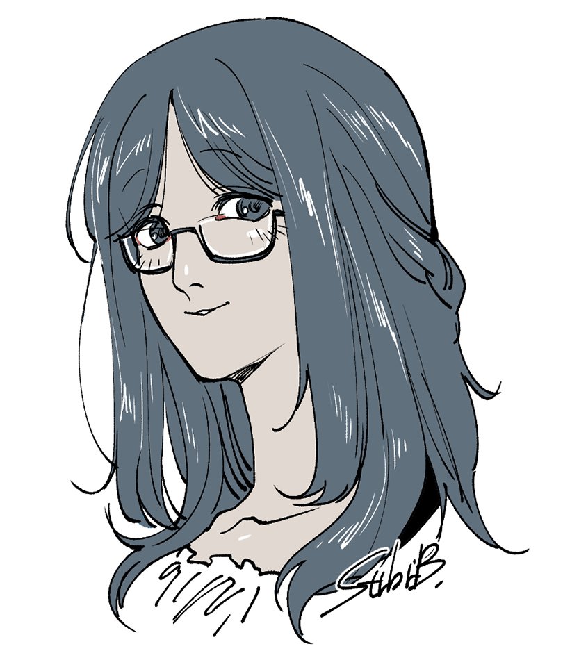 1girl, commentary, glasses, ichigo_beeru, kimura_(toshi_densetsu_kaitai_center), long_hair, looking_at_viewer, parted_lips, portrait, semi-rimless_eyewear, signature, simple_background, smile, solo, swept_bangs, untranslatable_commentary, toshi_densetsu_kaitai_center, under-rim_eyewear, white_background