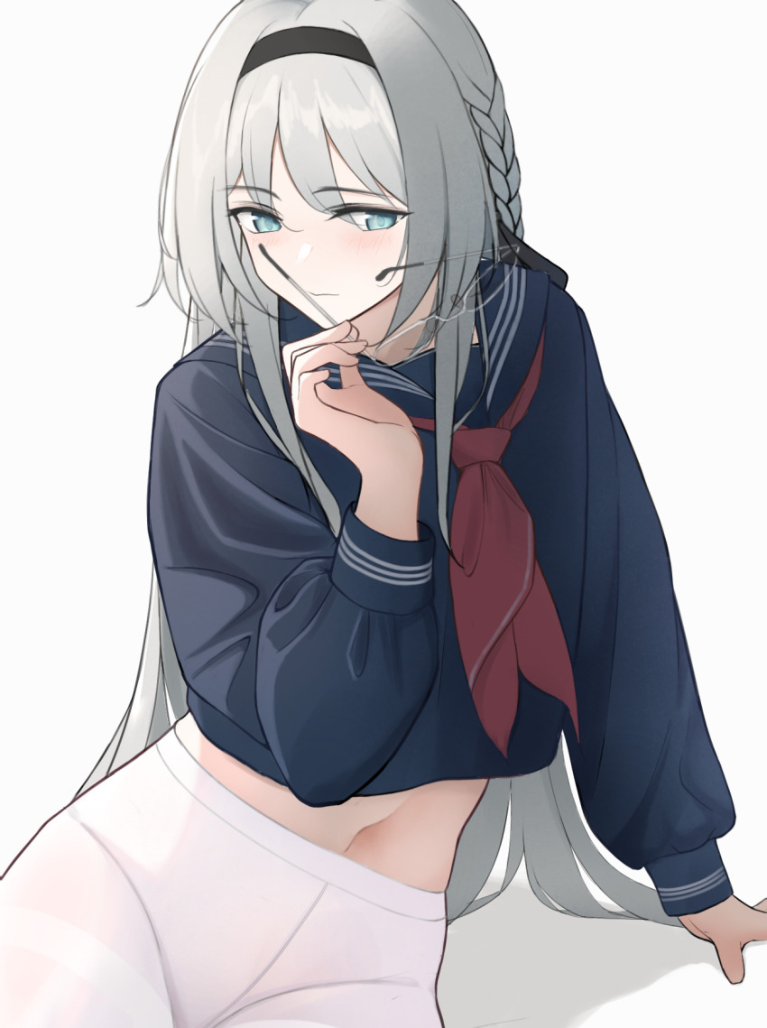 1girl, alternate_costume, an-94_(girls'_frontline), aqua_eyes, black_hairband, black_sailor_collar, black_shirt, blush