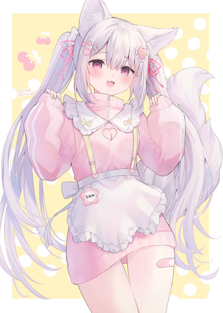 1girl, :3, absurdres, animal_ear_fluff, animal_ears, apron, bandaid_on_thigh, blush