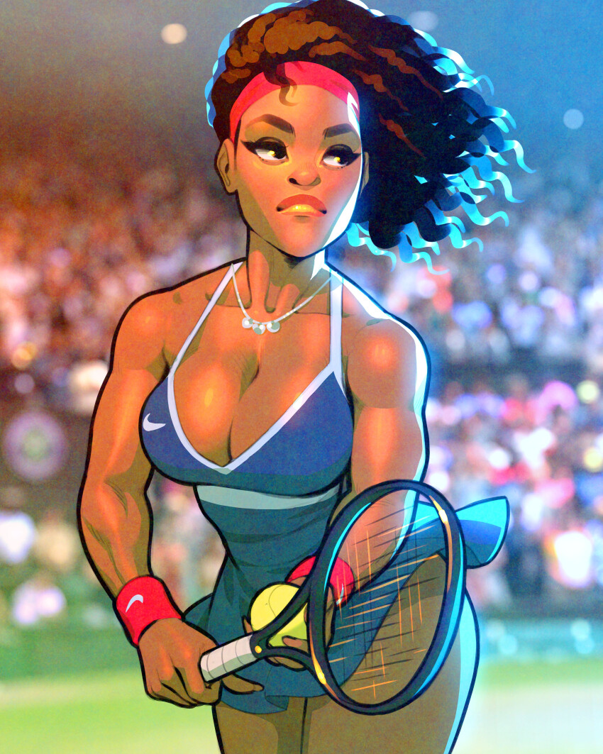 1girl, absurdres, ball, blurry, blurry_background, breasts, cleavage, closed_mouth, collarbone, cowboy_shot, dark-skinned_female, dark_skin, headband, highres, holding, holding_tennis_racket, jewelry, large_breasts, looking_to_the_side, necklace, racket, real_life, serena_williams, solo, sykosan, tennis_ball, tennis_racket