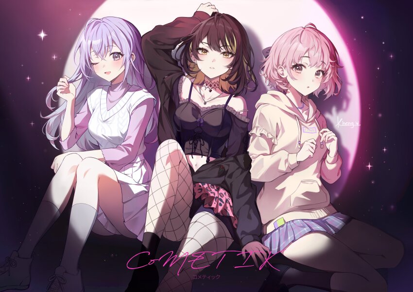 3girls, ;d, absurdres, arm_up, bare_shoulders, black_jacket, black_shoes, black_socks