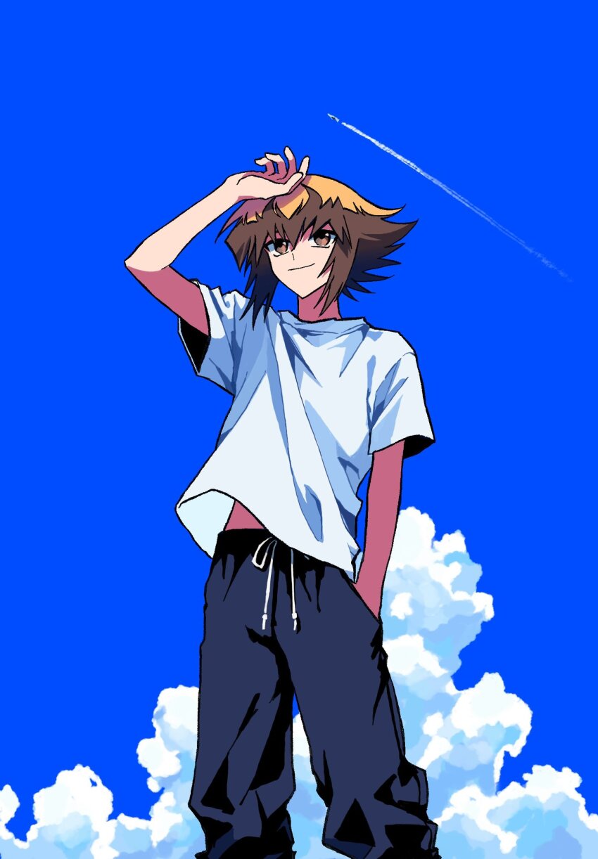 1boy, alternate_costume, blue_pants, blue_sky, brown_eyes, brown_hair, cowboy_shot, flowercrabcake