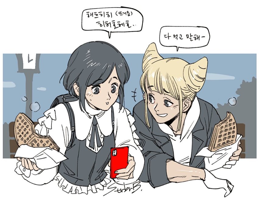 2girls, backpack, bag, collared_shirt, commentary_request, cone_hair_bun, cropped_torso, double_bun, food, frilled_shirt, frilled_sleeves, frills, fukurai_azami, gloves, hair_bun, holding, holding_phone, hood, hood_down, ichigo_beeru, korean_commentary, korean_text, long_sleeves, looking_at_another, multiple_girls, partially_fingerless_gloves, phone, shirt, short_hair, signature, smile, speech_bubble, jasmine_(toshi_densetsu_kaitai_center), toshi_densetsu_kaitai_center, upper_body