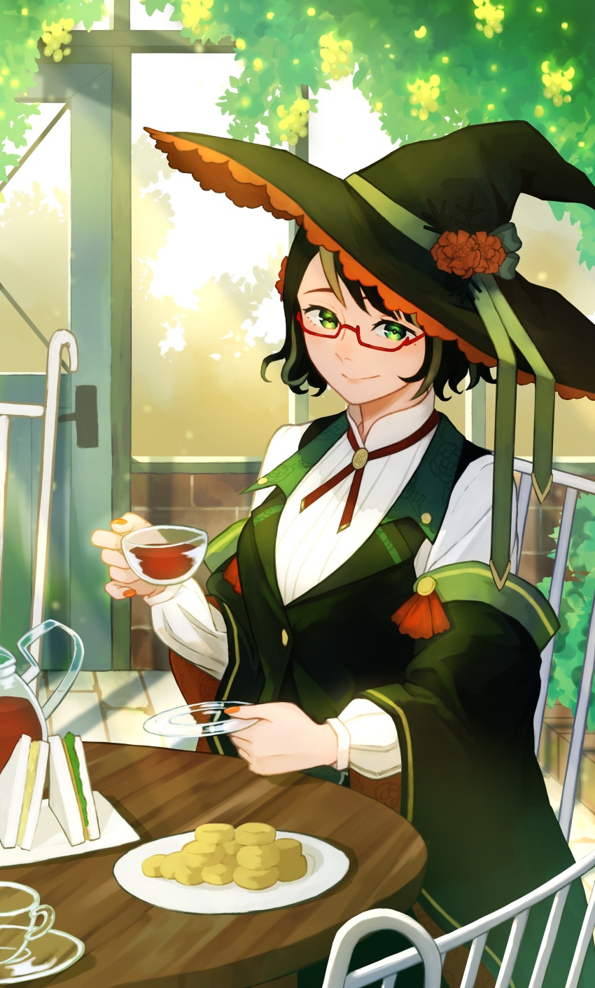 1girl, absurdres, banana, banana_slice, breasts, brick_wall, bush, chair