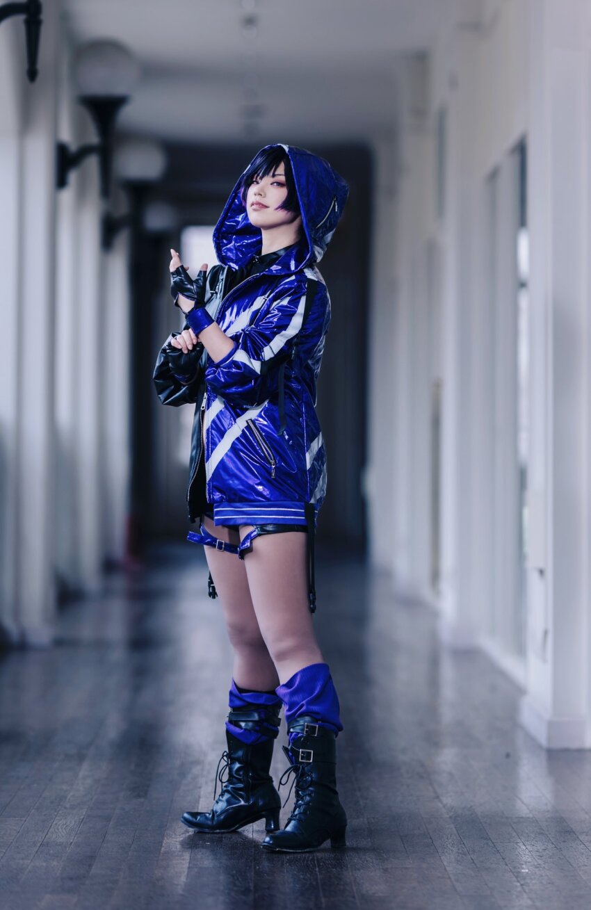 1girl, black_boots, blurry, blurry_background, boots, cosplay, cosplay_photo, female_focus