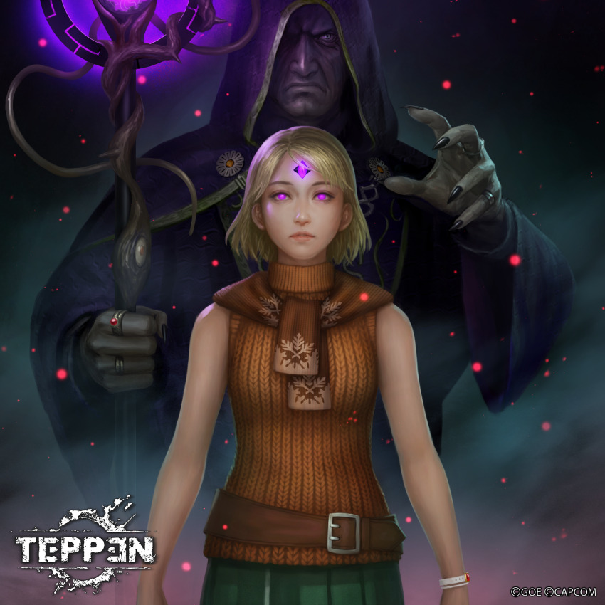 1boy, 1girl, ashley_graham, belt, blonde_hair, blue_eyes, bracelet, brown_sweater, capcom, clock, gem_on_head, glowing, glowing_eyes, green_skirt, highres, hood, horror_(theme), jewelry, kuroiwa_enu, looking_at_viewer, mind_control, monster, monster_boy, osmund_saddler, parasite, plaga_(resident_evil), purple_eyes, resident_evil, resident_evil_4, ring, robe, scarf, skirt, sleveless, staff, sweater, tentacles, teppen