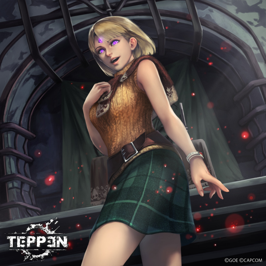 1girl, ashley_graham, belt, blonde_hair, bracelet, breasts, brown_sweater, candle