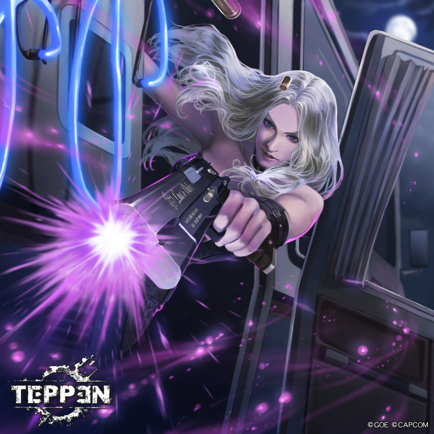 .45_acp, 1girl, ammunition, blonde_hair, blue_eyes, capcom, cloud, devil_may_cry_(series), devil_may_cry_5, drive-by, ebony_(devil_may_cry), full_moon, gun, handgun, handgun_cartridge, highres, long_hair, moon, motor_vehicle, neon_lights, night, official_art, pistol, pistol_cartridge, shell_casing, shiyuu_(shiyu), teppen, trish_(devil_may_cry), van, weapon