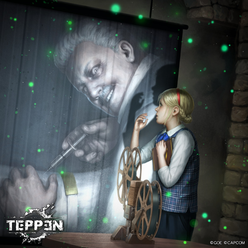 1boy, 1girl, blonde_hair, book, brian_irons, capcom, child, facial_hair