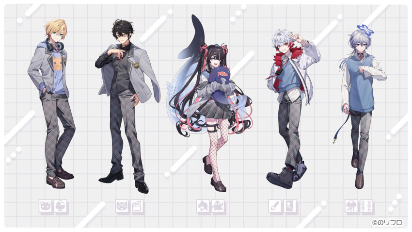 1girl, 4boys, azana_piroparu, black_hair, black_shoes, blazer, blonde_hair, blue_eyes, blue_halo, blue_sweater_vest, boots, brown_shoes, closed_mouth, drawstring, suit_pants, dress_shoes, fishnet_thighhighs, fishnets, glasses, hair_ornament, hairclip, halo, headphones, headphones_around_neck, highres, hood, hoodie, jacket, kumagaya_takuma, kurage_toumi, kyoyu_shiroya, loafers, meika_loveka, multicolored_hair, multiple_boys, necktie, noripro, official_art, okanoyuno, open_mouth, pants, pin, pink_hair, plaid_clothes, plaid_pants, plaid_skirt, purple_eyes, red_eyes, red_hair, red_necktie, round1, shirt, shoes, simple_background, skirt, striped_clothes, striped_necktie, sweater_vest, tagme, thighhighs, virtual_youtuber, white_hair, white_shirt, yellow_eyes, zipper, zipper_pull_tab