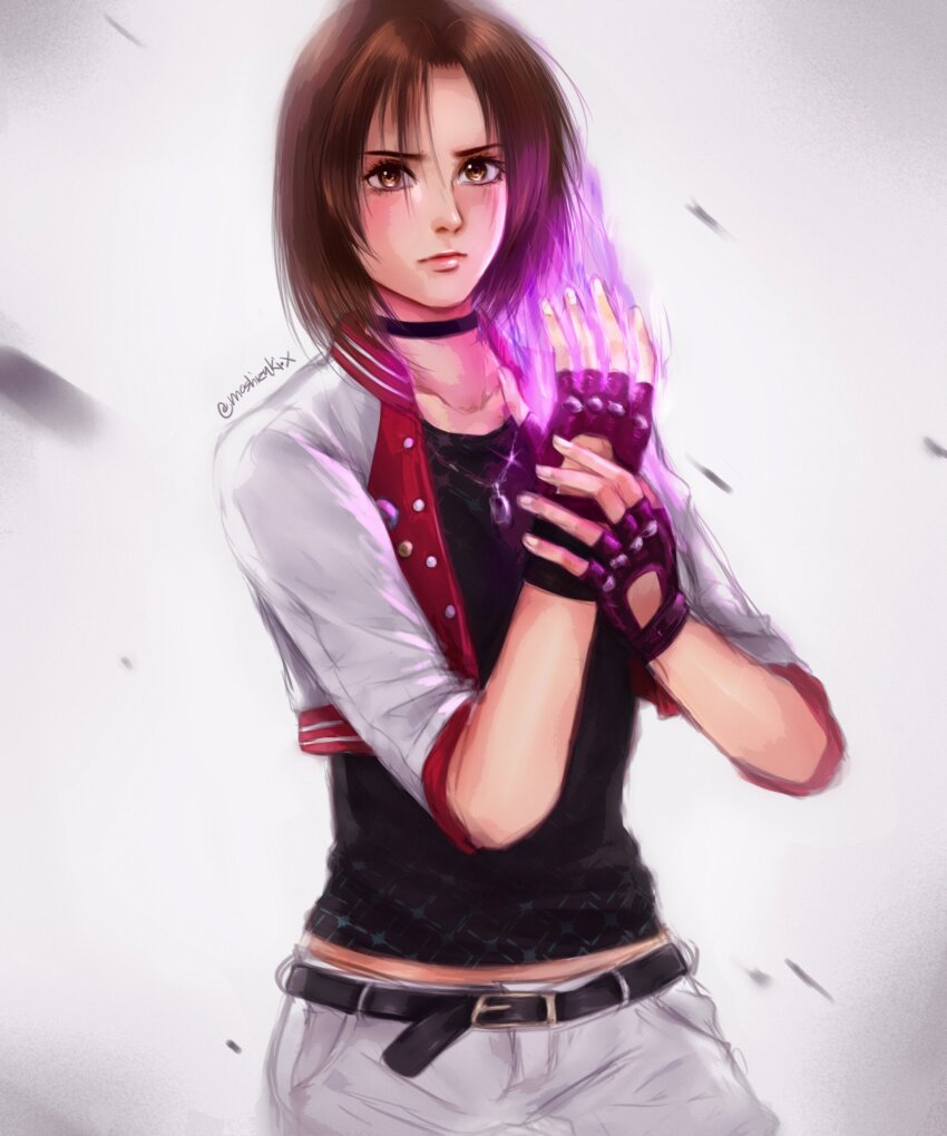 absurdres, brown_hair, fingerless_gloves, fire, gloves, highres, kusanagi_aoi, purple_fire, snk, the_king_of_fighters, the_king_of_fighters_kyou