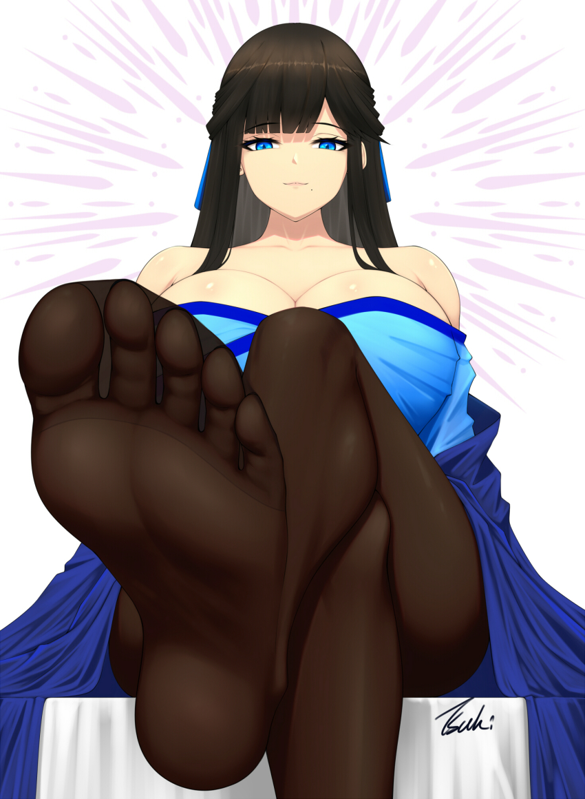 1girl, black_hair, blue_eyes, breasts, crossed_legs, feet, highres, large_breasts