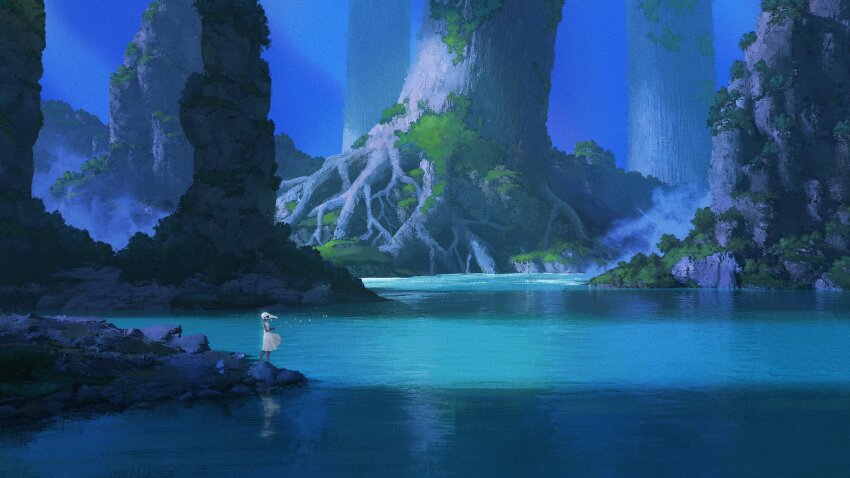 1girl, dress, fujidora_jp, highres, lake, nature, scenery, standing