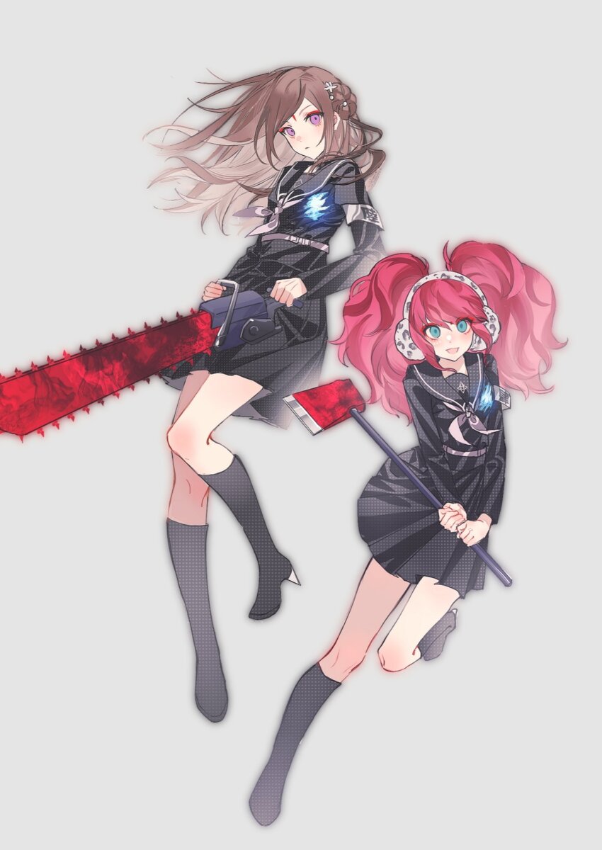 2girls, alternate_costume, armband, axe, black_boots, black_shirt, black_skirt, blue_eyes