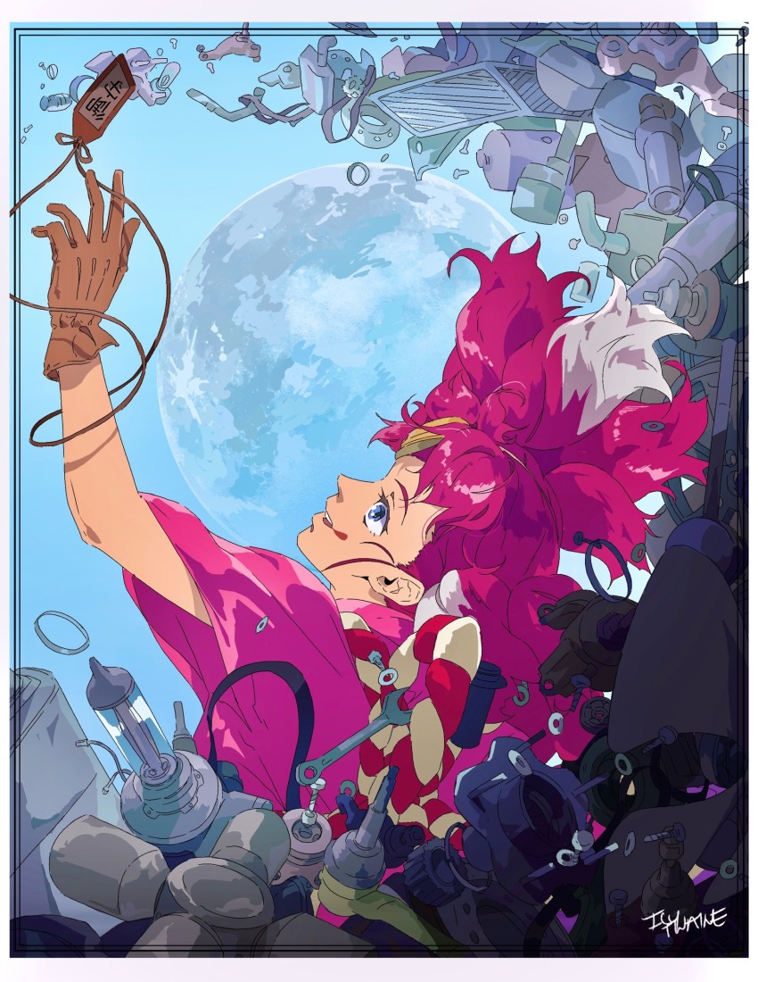 1boy, appare-ranman!, artist_name, blue_eyes, brown_gloves, gloves, hair_ornament, highres