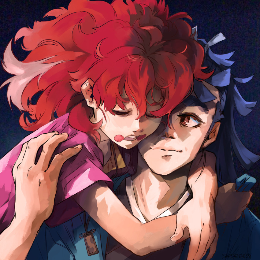 2boys, appare-ranman!, black_hair, blush_stickers, brown_eyes, closed_eyes, commentary, english_commentary