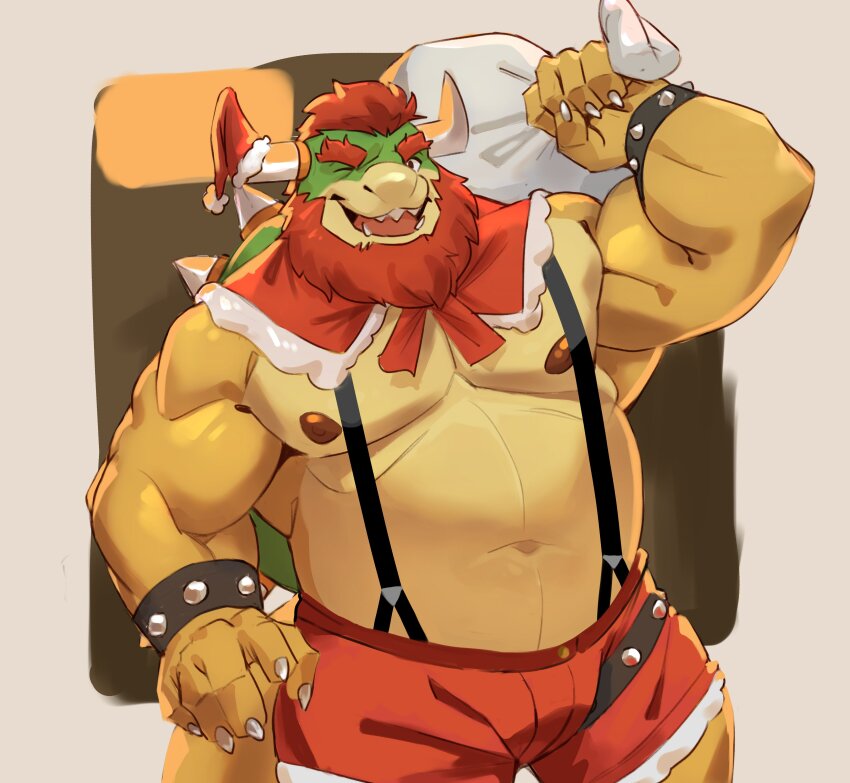 1boy, absurdres, bara, bare_pectorals, beard, belly, biceps, bowser, bowser_(santa), bracelet, bulge, capelet, claws, commentary, english_commentary, facial_hair, fangs, fat, fat_man, fur-trimmed_capelet, fur-trimmed_shorts, fur_trim, furry, furry_male, hat, highres, holding, holding_sack, horns, jewelry, lhjal2, looking_to_the_side, male_focus, mario_(series), mario_kart, mario_kart_tour, navel, nintendo, nipples, one_eye_closed, open_mouth, pectorals, red_capelet, red_hair, red_shorts, sack, santa_hat, shorts, smile, spiked_bracelet, spikes, suspenders
