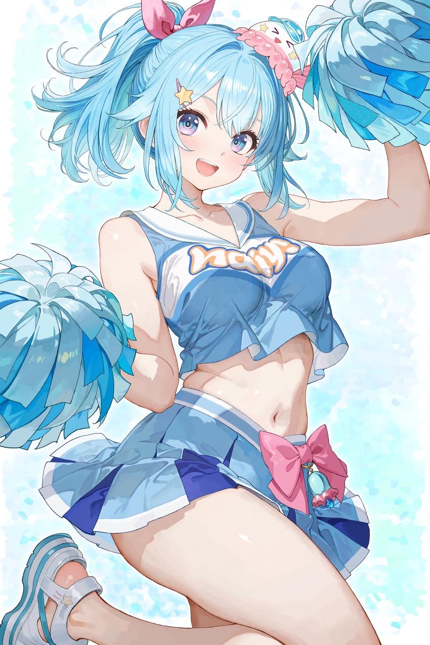 1girl, :d, absurdres, blue_eyes, blue_hair, blue_skirt, cheerleader, hair_ornament