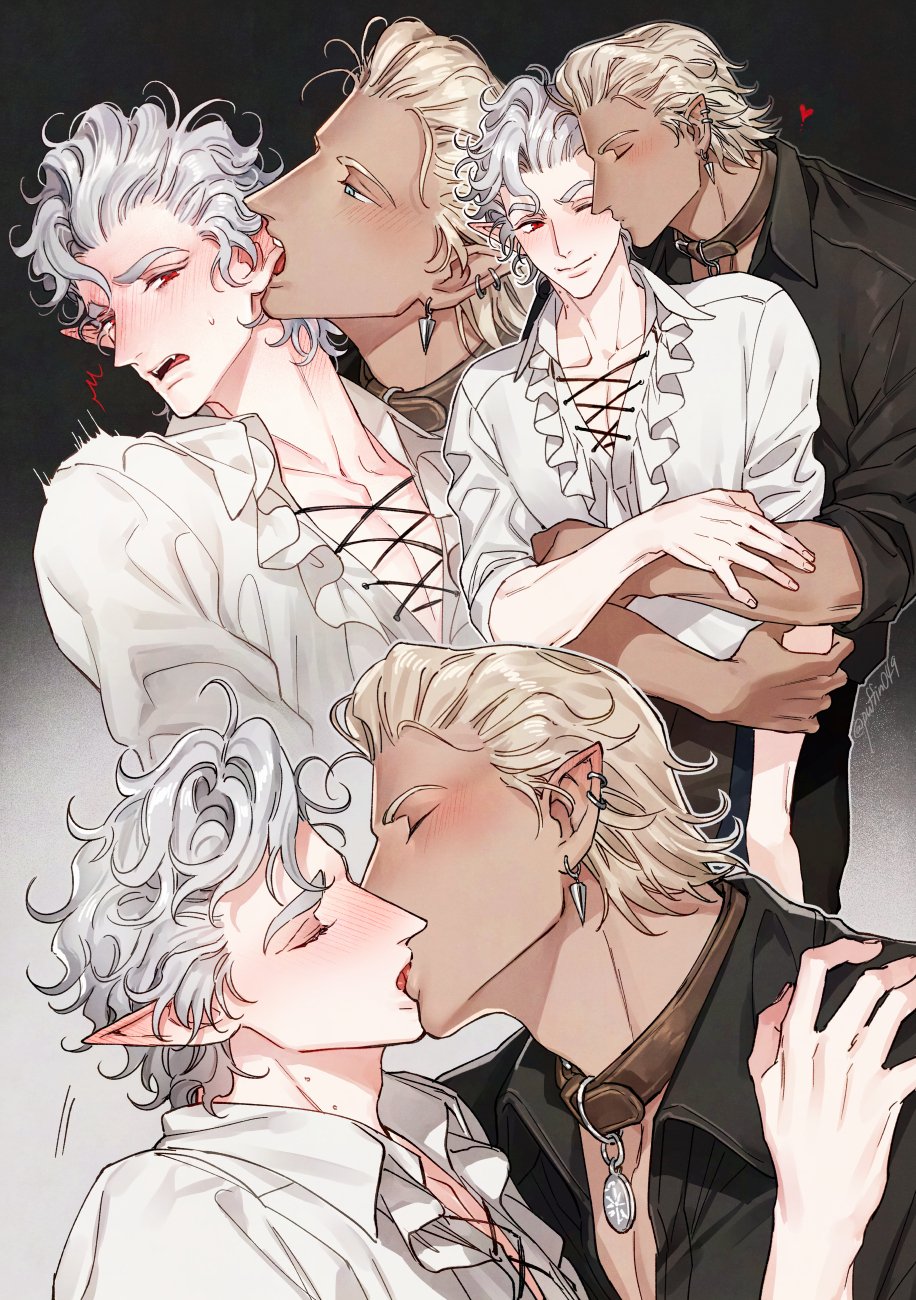 2boys, animal_collar, astarion, baldur's_gate, baldur's_gate_3, bite_mark, biting, biting_ear