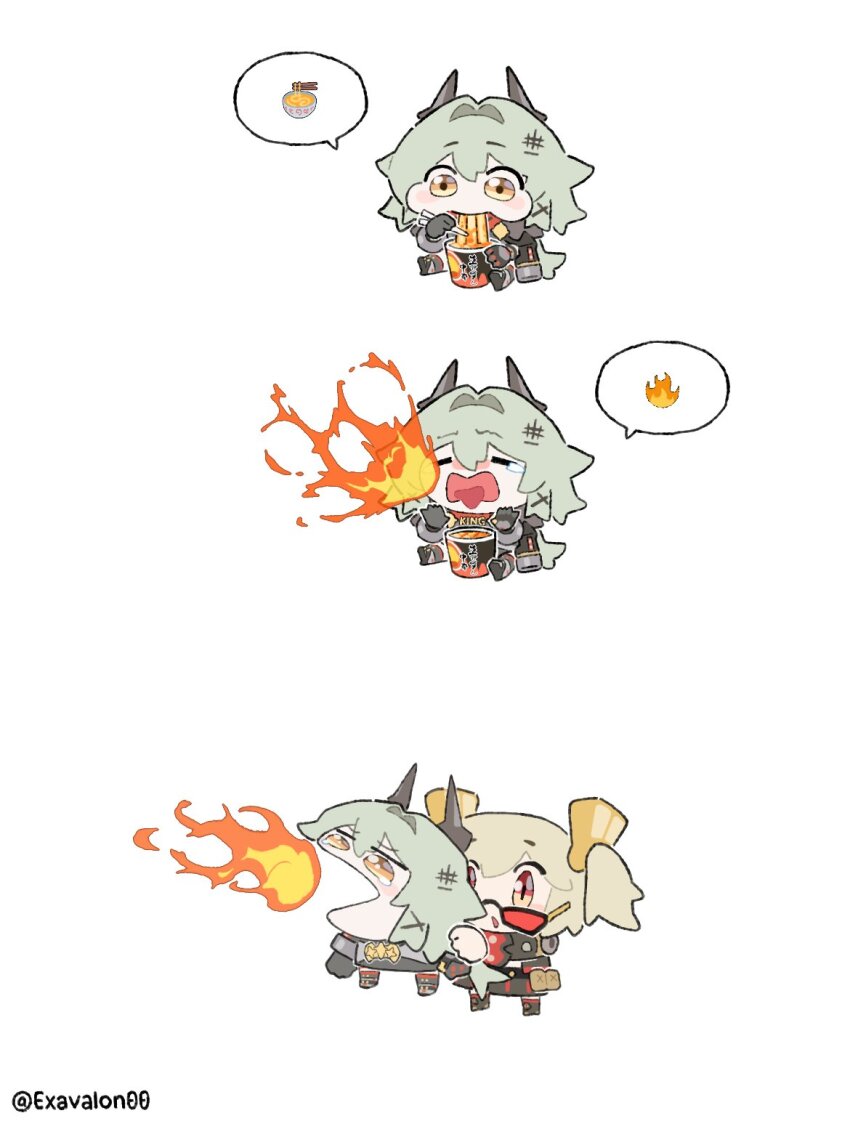 2girls, blonde_hair, breath_weapon, breathing_fire, burnice_white, caesar_king_(zenless_zone_zero), chibi, chopsticks