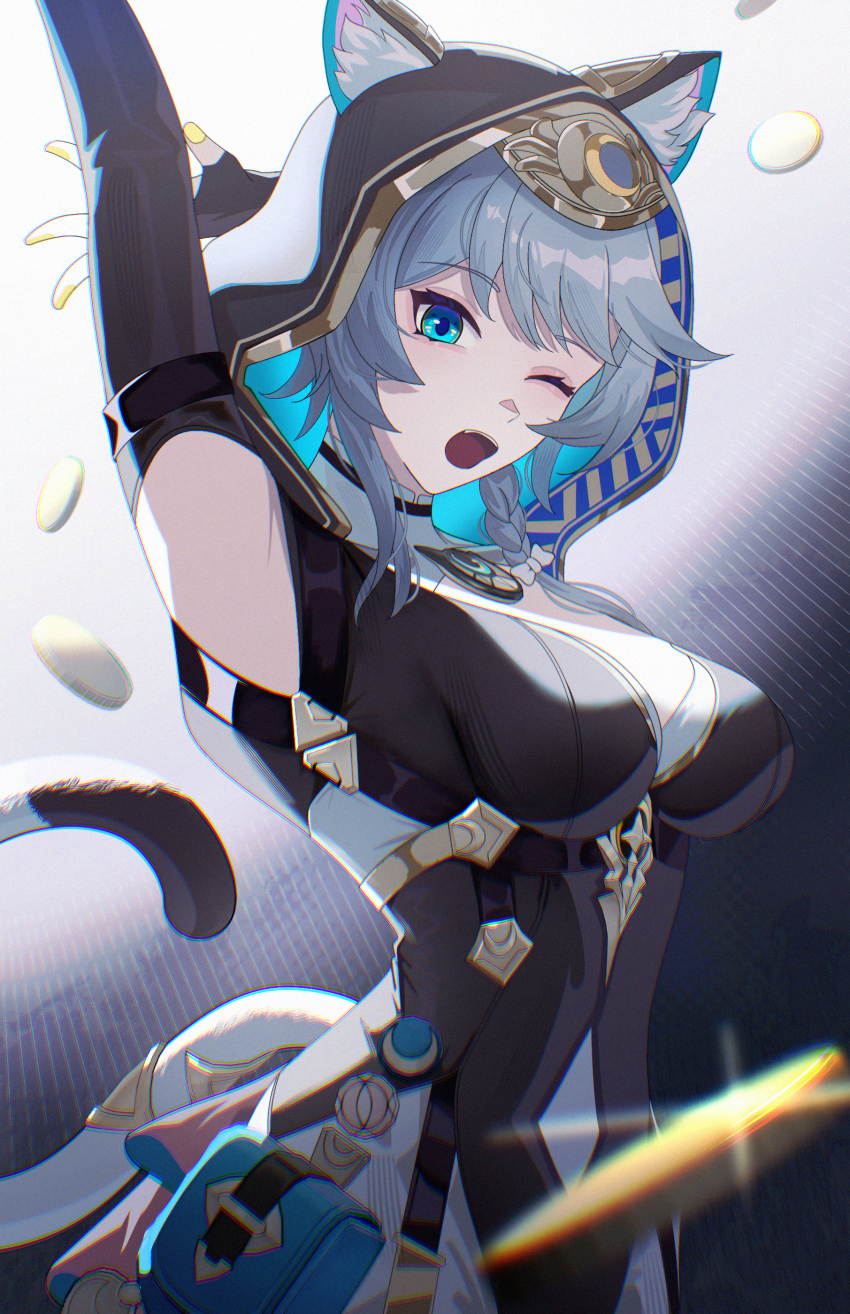 1girl, ;o, absurdres, animal_ear_fluff, animal_ears, animal_hood, arm_up, armpits