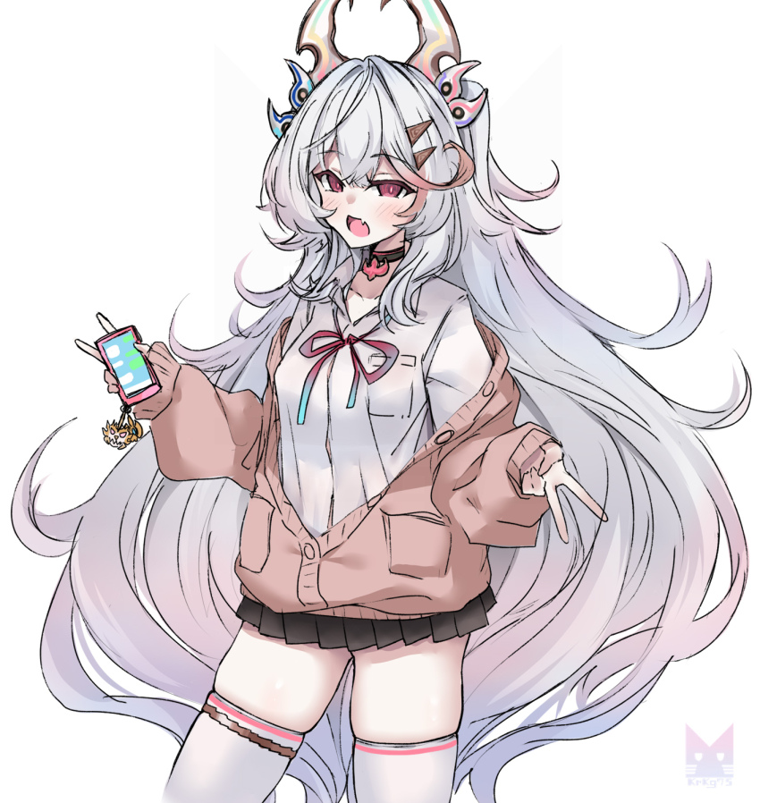 artist_logo, baki_(duel_masters), black_skirt, breasts, brown_cardigan, cardigan, cellphone, choker