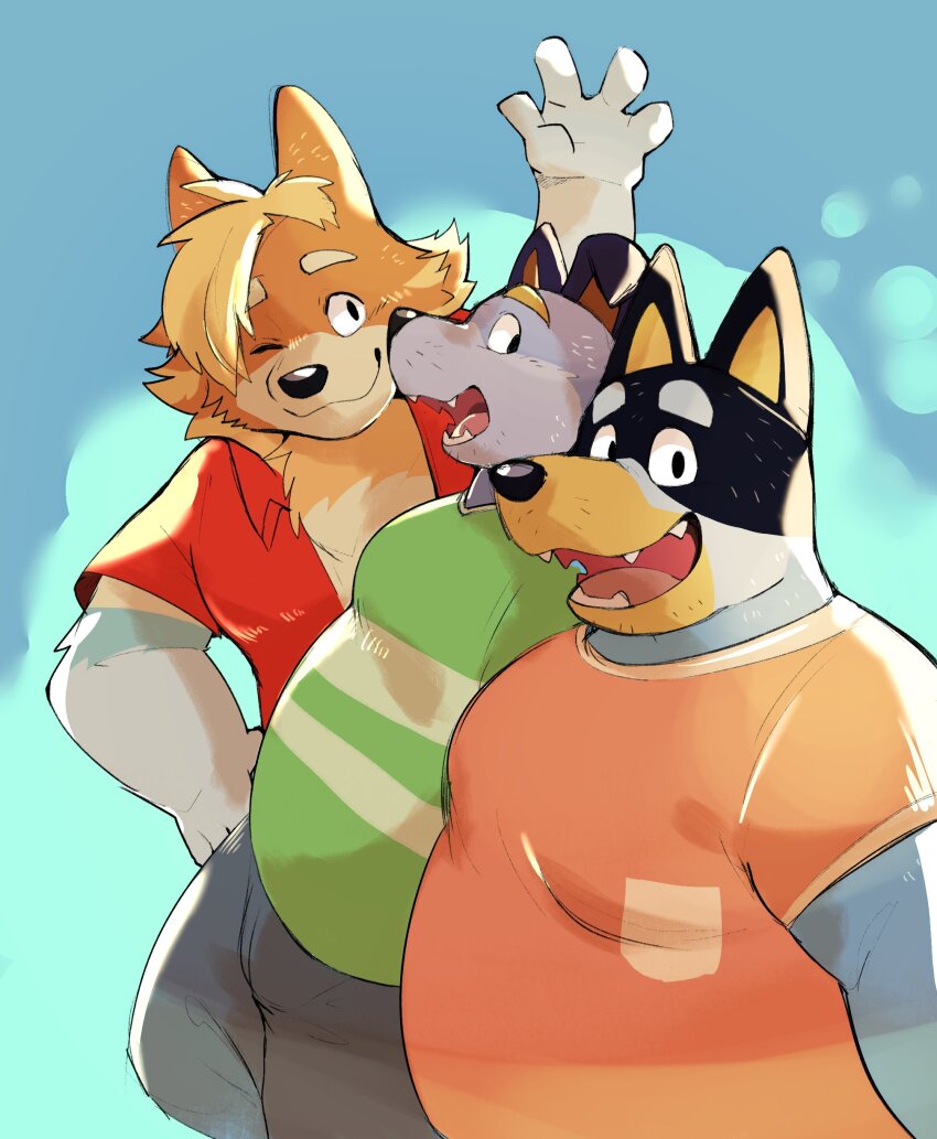 3boys, absurdres, animal_ears, bandit_heeler, belly, blonde_hair, bluey, closed_mouth, dog_boy, dog_ears, animal_nose, fangs, fat, fat_man, furry, furry_male, gintyatyatyatya, green_shirt, hand_on_own_hip, highres, looking_at_viewer, male_focus, multicolored_fur, multiple_boys, one_eye_closed, open_clothes, open_mouth, open_shirt, orange_shirt, rad_heeler, red_shirt, shirt, smile, stripe_heeler, waving