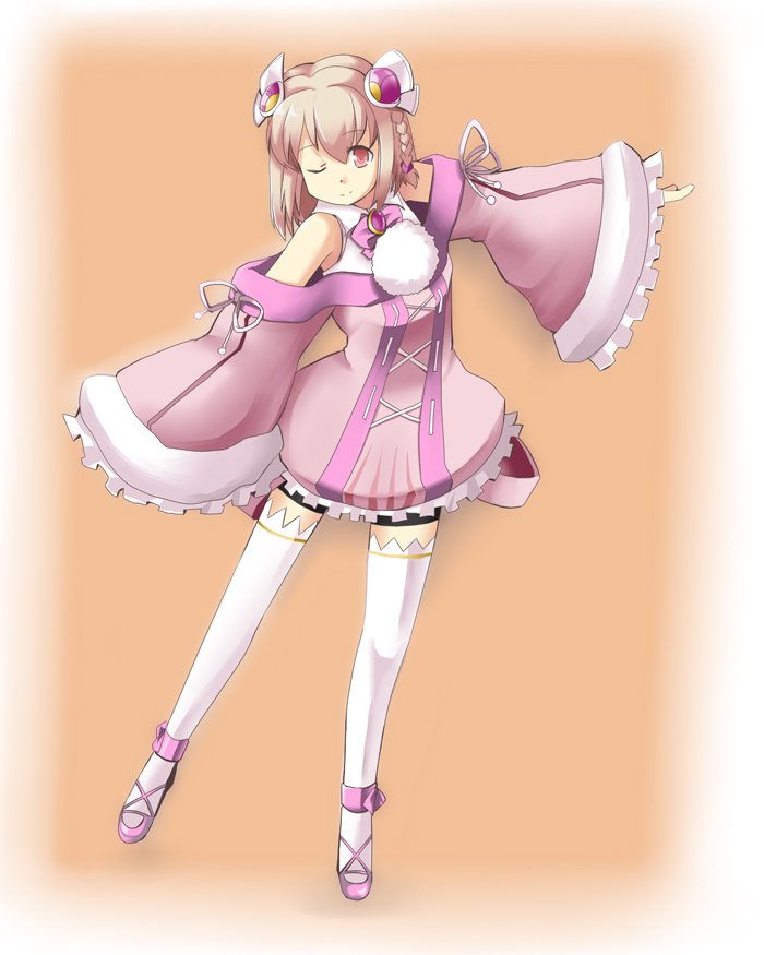 1girl, ar_tonelico, ar_tonelico_iii, bad_id, bad_pixiv_id, blonde_hair, female_focus, hair_ornament, nodoka_(artist), one_eye_closed, purple_eyes, saki_(ar_tonelico), short_hair, smile, solo, thighhighs, wink