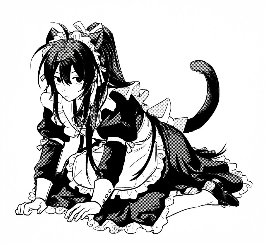1boy, all_fours, animal_ears, apron, bakku_(fspz4427), cat_ears, cat_tail, closed_mouth