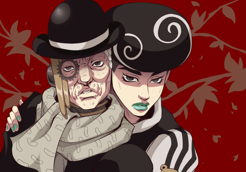 1boy, 1other, afro, akefu_satoru, aqua_lips, aqua_nails, black_hair, black_hat