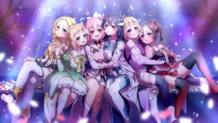 6+girls, :d, armor, black_boots, black_hair, blue_thighhighs, boots, bow